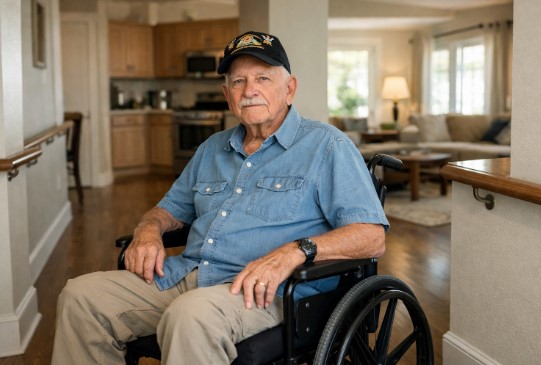 VA Home Adaptation Options for Veterans in Houston, Texas Disabled U.S. military veteran using a wheelchair inside a bright, accessible home in Houston, Texas