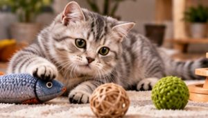 Tabby cat exploring fish toys, balls, and puzzle activities at home